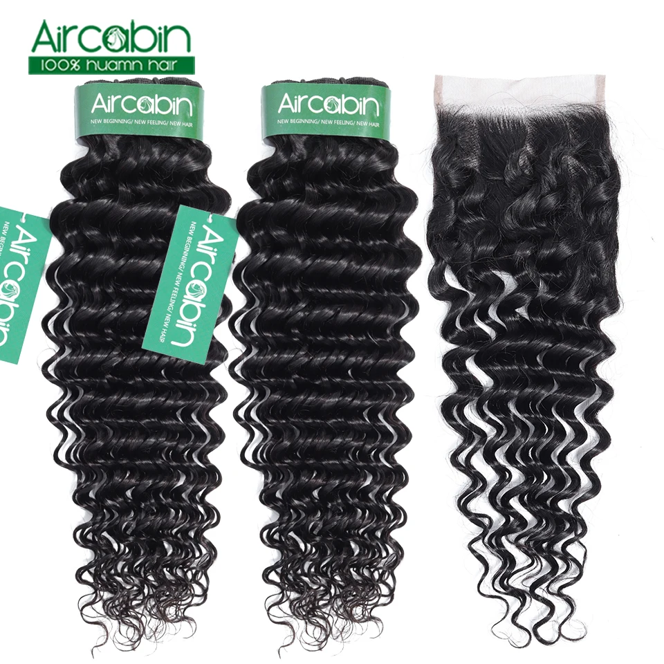 

Indian Deep Wave Bundles With Closure 1/2/3/4 Pcs Human Hair Extension With Closure Natural Color Aircabin Non Remy Hair Weaving