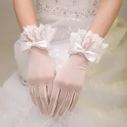 2016 New Hot Короткие Белые Кружевные Свадебные Перчатки с Бантом Подробности Дешевые Свадебные Перчатки Полный Пальцы в Продаж Свадебные