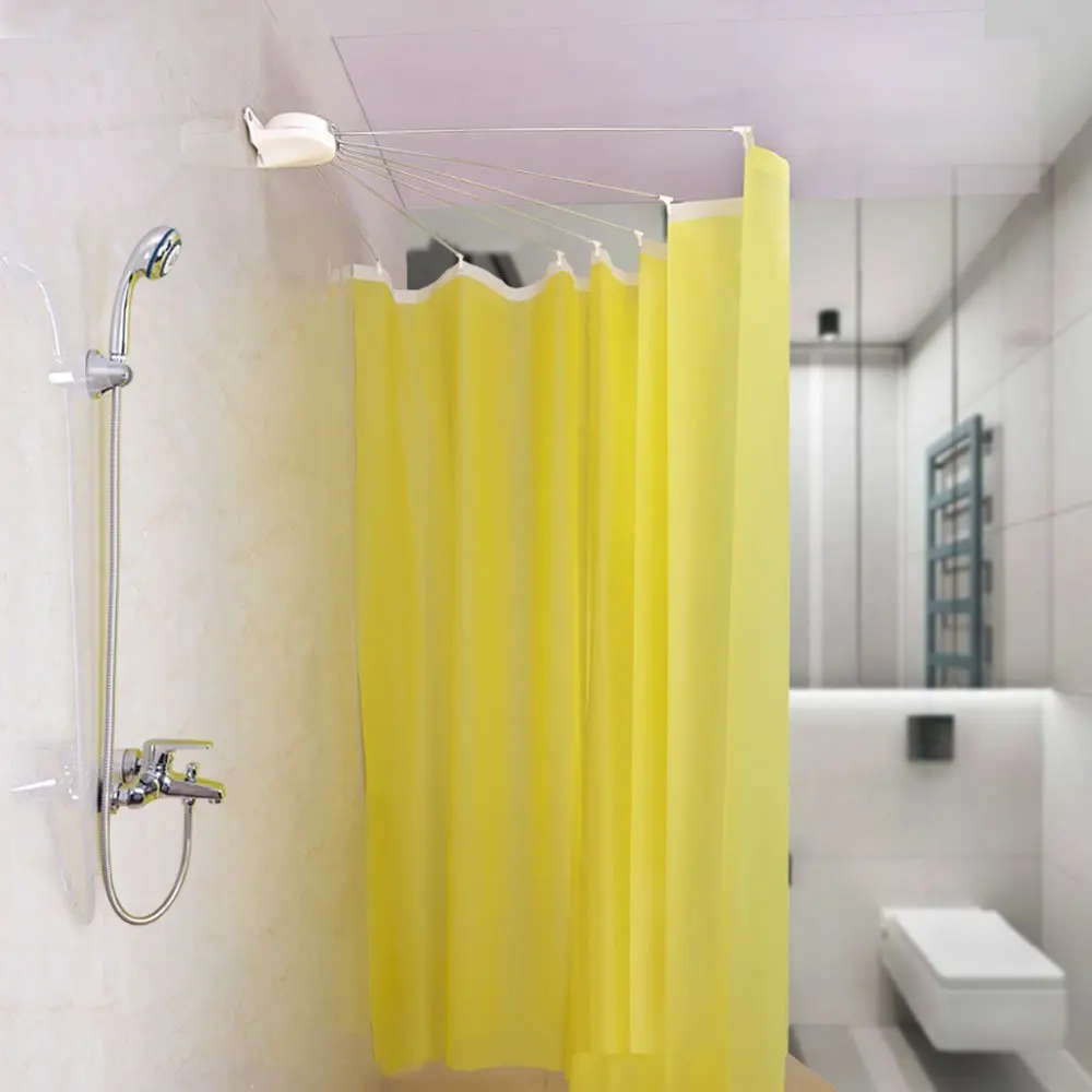 

BYN Foldable Wall Mounted Shower Curtain Rod Metal Space Saver Fan-shaped Bathroom Curtain Holder Rail with Hooks DQ1609