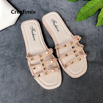 

Cresfimix pantoufles femmes women cute comfortable rivet outside slippers lady casual black spring & summer flat slippers a3285