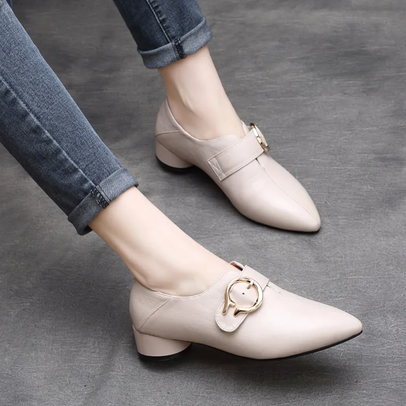 

Women Leather Pumps Lazy Shoes 3 CM Low Heel Pointed Toe Women Pump Spring 2019 White Shoes Handmade Genuine Leather Pumps Brand