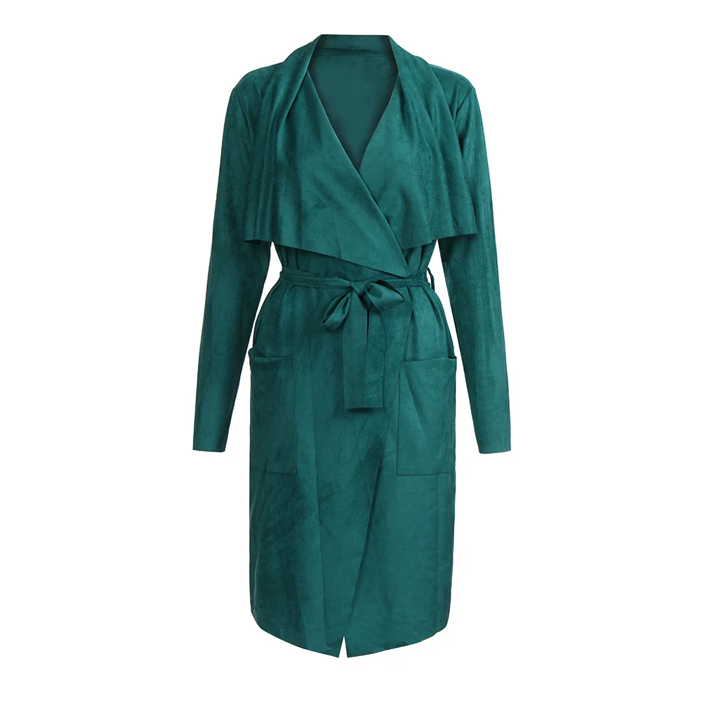 Женский длинный кардиган из искусственной замши, пальто с длинным рукавом, одноцветная нестандартная Женская куртка, весна, кожаные модные тонкие кардиганы для женщин - Цвет: green