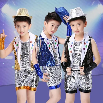 

Boys Sequins Ballroom Jazz Hip Hop Dance Competition Costume Vest Shorts pants Kid Cheerleaders Dancing Clothing Stage Wear suit
