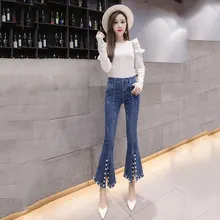 Autumn New Pants Feet Split Pearl Beads Slim Thin Micro Horn Casual Jeans Women More Sizes S-L XL XXL