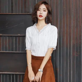 

Women Floral Cotton Blouse Hollow out V-neck Tops Summer New Ladies Half Shirts Grace Girl Female Clothes