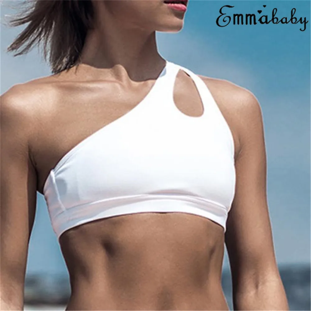 Hot Sale Women Black Sports Bra Female Fitness One Hollow Shoulder Tank Top Jogging Stretch Top Ladies Solid Skinny Top