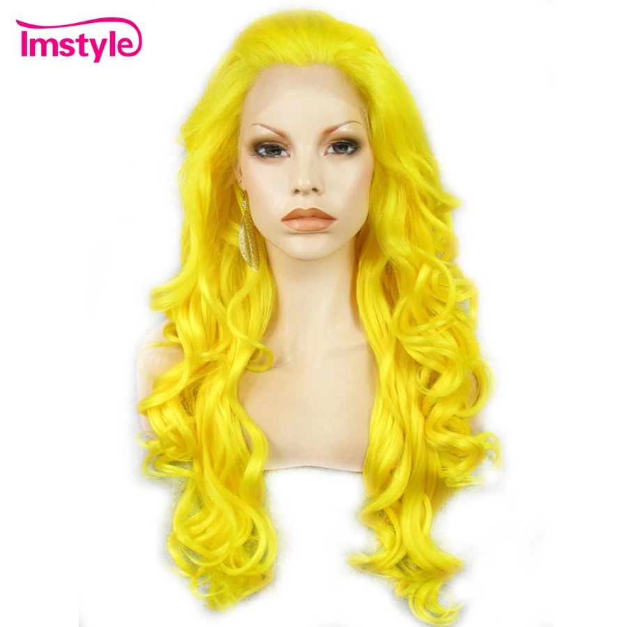 

Imstyle Yellow Synthetic Lace Front Wig Long Wavy Wigs For Women Heat Resistant Fiber Glueless Natural Hairline Cosplay Wig 26''