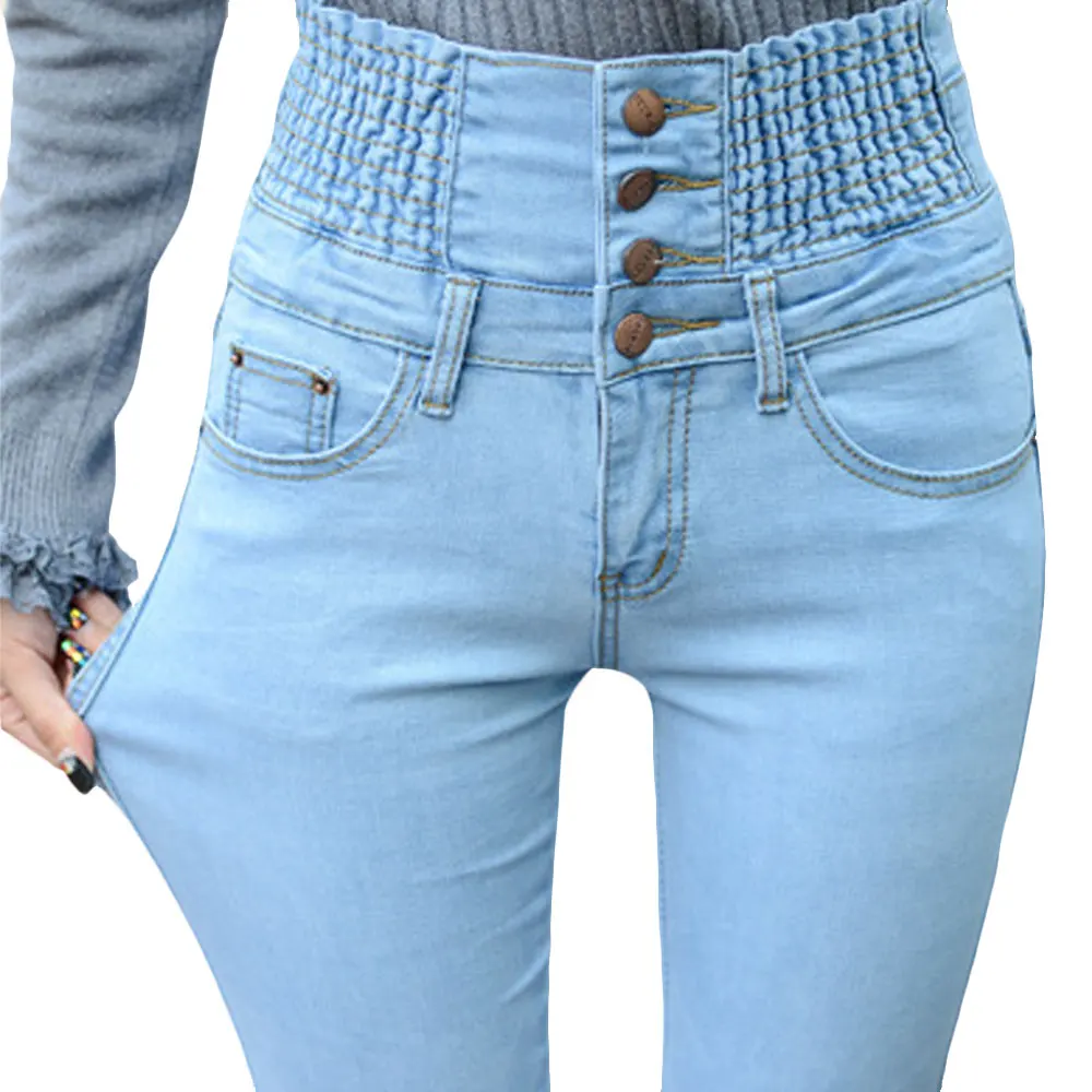 Новые женские синие джинсы с высокой талией Эластичные Обтягивающие джинсы тонкие длинные узкие брюки