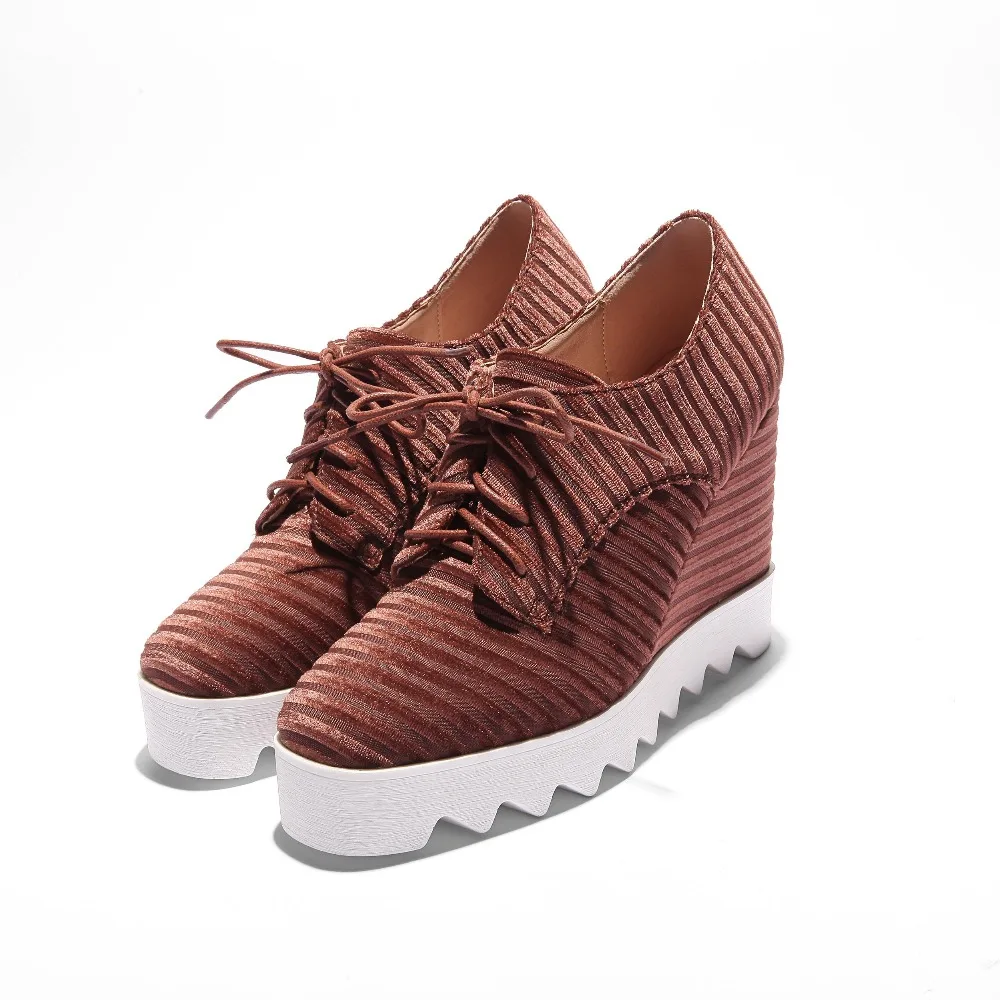 Lenkisen Kausalen Erhöht Flock schokolade High Mode Frauen Einkaufen Lace Neue Heels rosa Up L1f5 Toe Schwarzes Pumpt Keile Feste Platz Super Plattform YYg7qrA