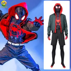 Человек-паук: в Spider-Verse Майлз Моралес костюм зентай для косплея Человек-паук узор полный комплект одежды для взрослых на заказ