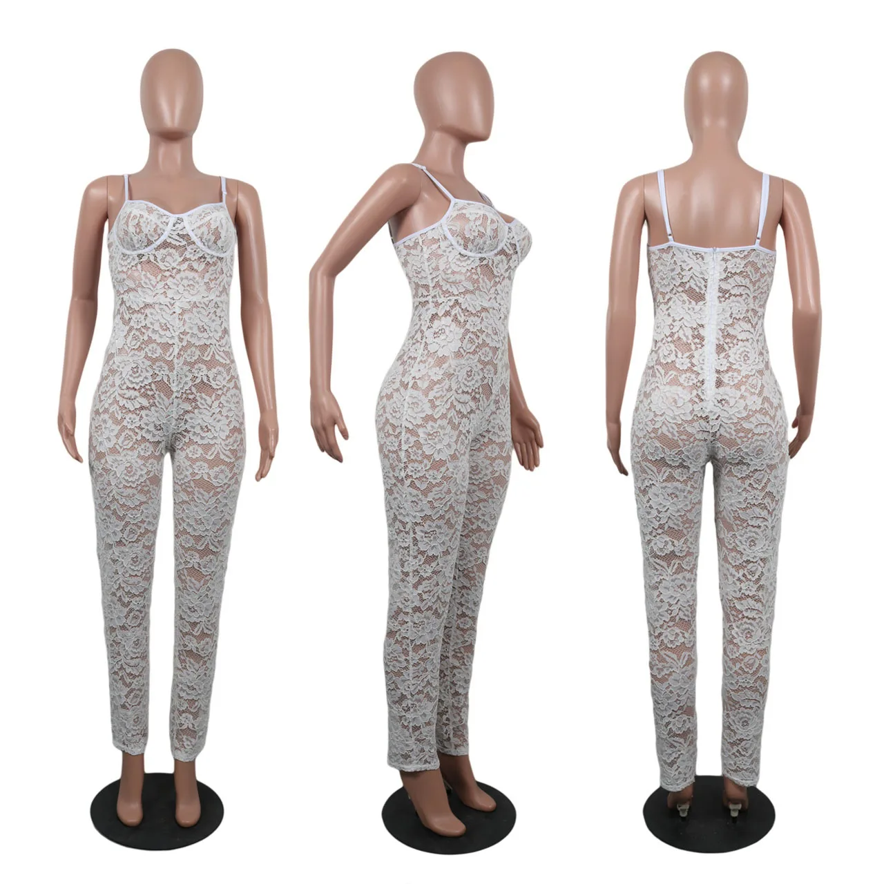 2018 Summer New Women Sexy Lace Jumpsuit See Through Spaghetti Straps Full Length Rompers Night Club Bodycon Ladies Party Outfit Jumpsuits and Playsuits