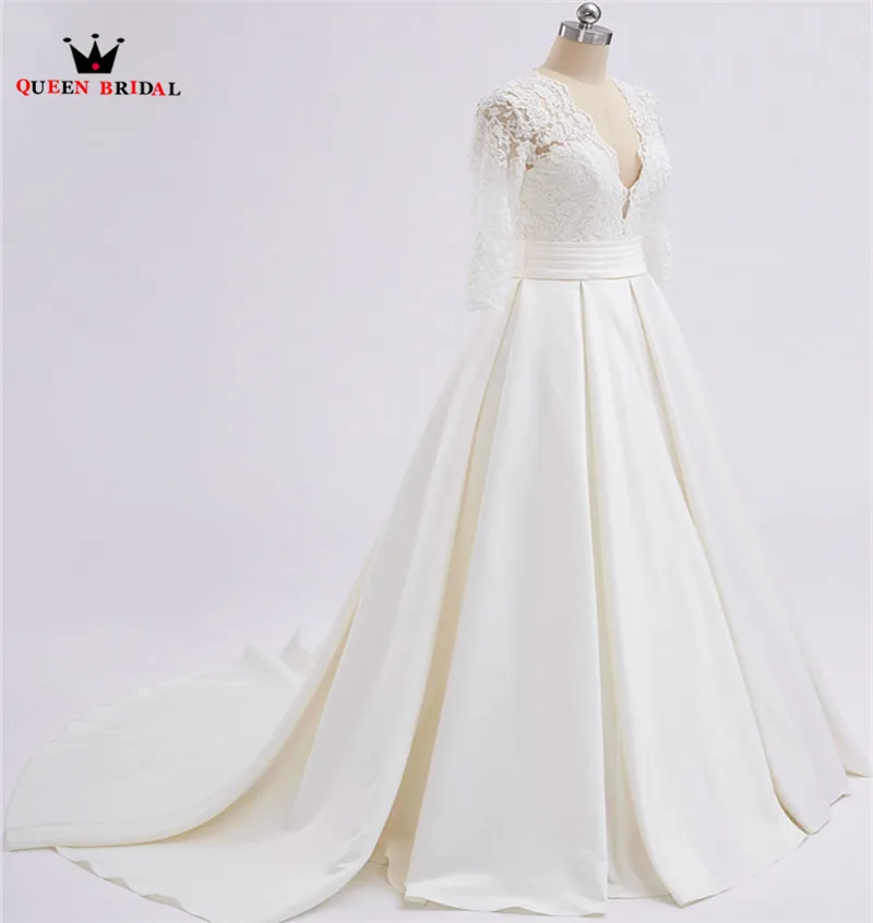 

A-line V-neck 3 4 Sleeve Lace Satin Elegant Long Formal Wedding Dresses 2018 Real Photo Wedding Gown Custom Made XH71