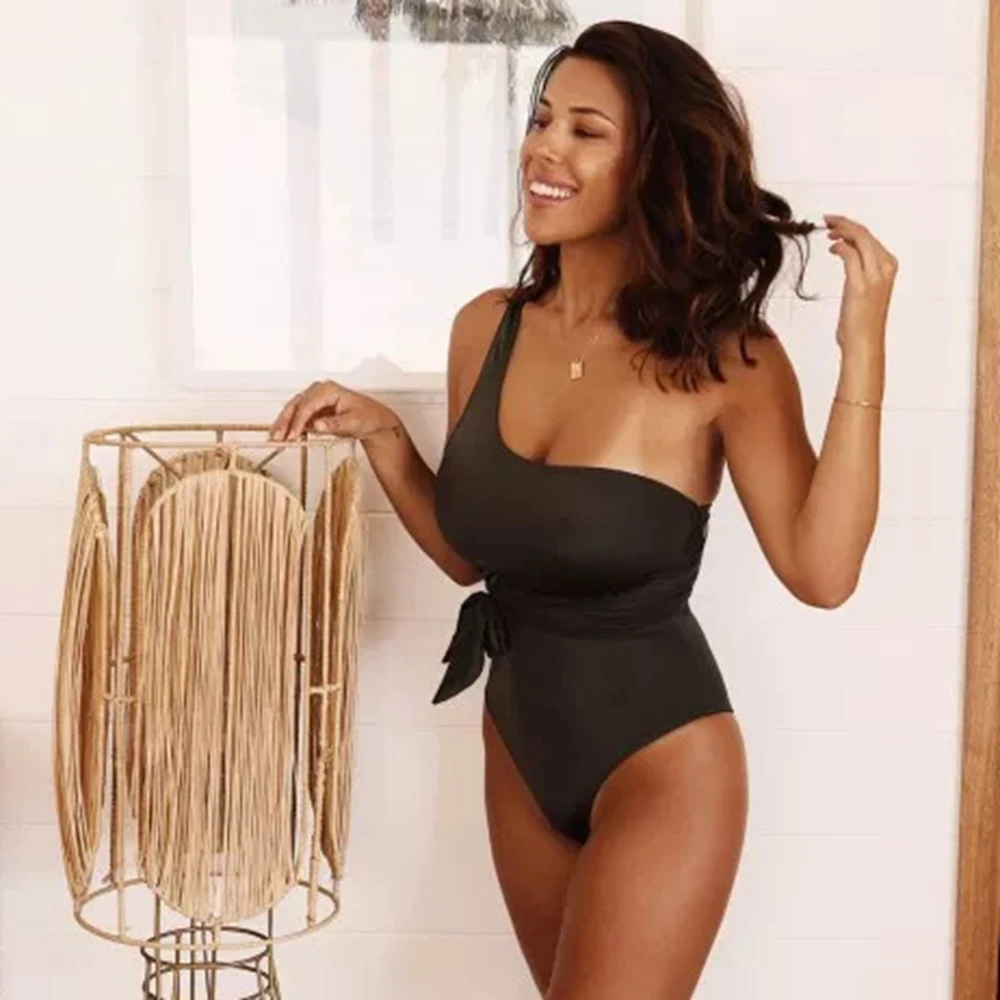

BANDEA One Shoulder swimwear One Piece Swimsuit Sexy bodysuit female black solid swimming suit bathing padded women monokini