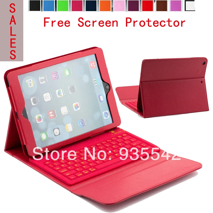 

Wireless Bluetooth Silicone QWERTY Keyboard  PU Leather Cover Stand Case for Apple iPad AIR for iPad 5 - 9.7 inch Tablet ( Red)