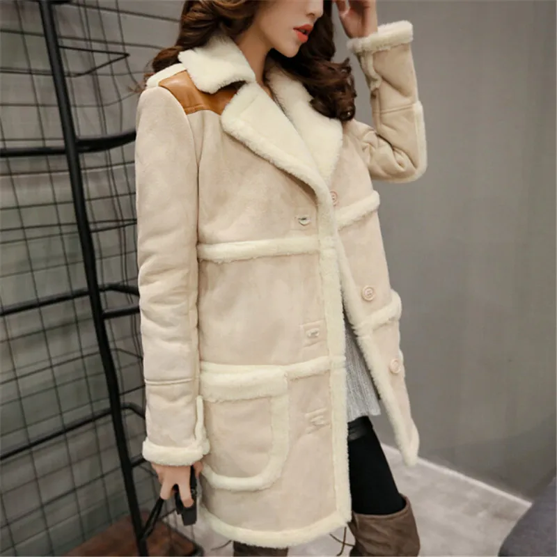 

2018 Winter Women Long Suede Jacket Lapel Warm Patchwork Coats Women Lamb Wool Motorcycle Parka