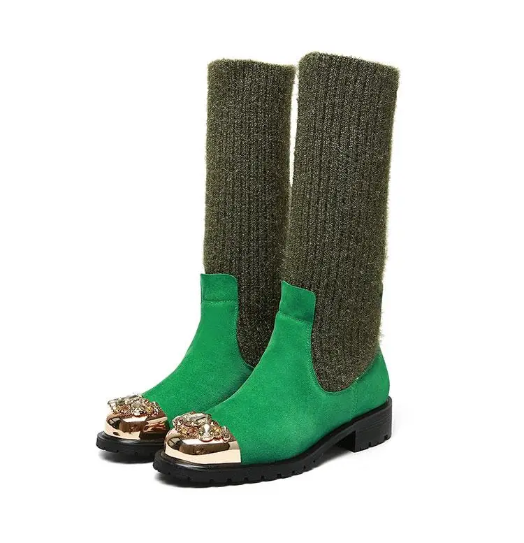

US4-10 Womens Diamond Crystal Metal Toe Mid Calf Boots Knitting Stitching Suede Leather Pull On Shoes Riding 3Colors Plus Size