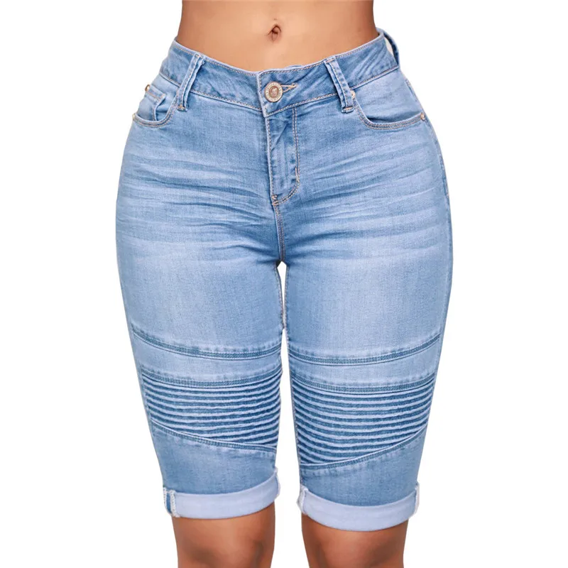 

Modis Short Jeans Women Mid Rise Elastic Zip Skinny Denim Knee Length Curvy Stretch Feminino Plus Size Jeansy Damskie A30@