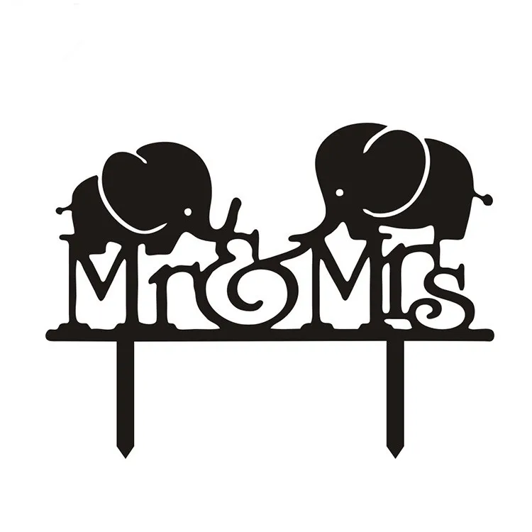 Hot Sale Mr & Mrs Cute Elephant Wedding Cake Flags Black White Acrylic Cake Topper For Wedding Anniversary Party Supplies