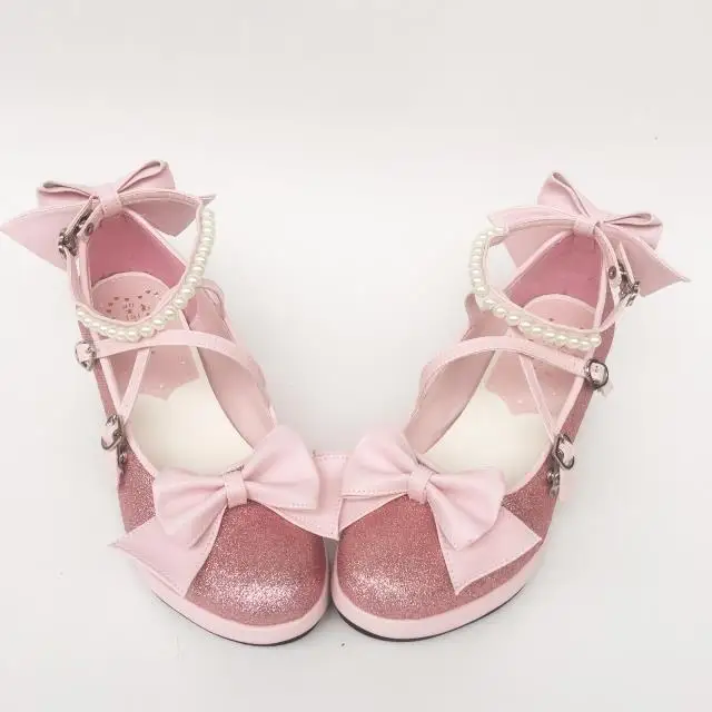 Womens-Shiny-Black-Silver-Sequin-Pumps-Bow-Strap-Cross-Pearl-Ankle-Strap-Princess-Lolita-Shoes-Custom-Tailor-Available- 26