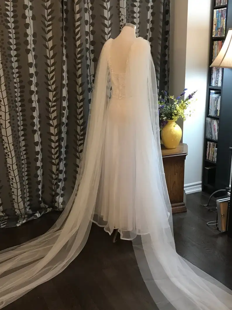 BRIDAL CAPE , Plain/Two Pieces Shoulder Cape 2.5 M / 3M / 3.5M / 4M / 5M  Long In White / Off White / Ivory / Champagne / Black