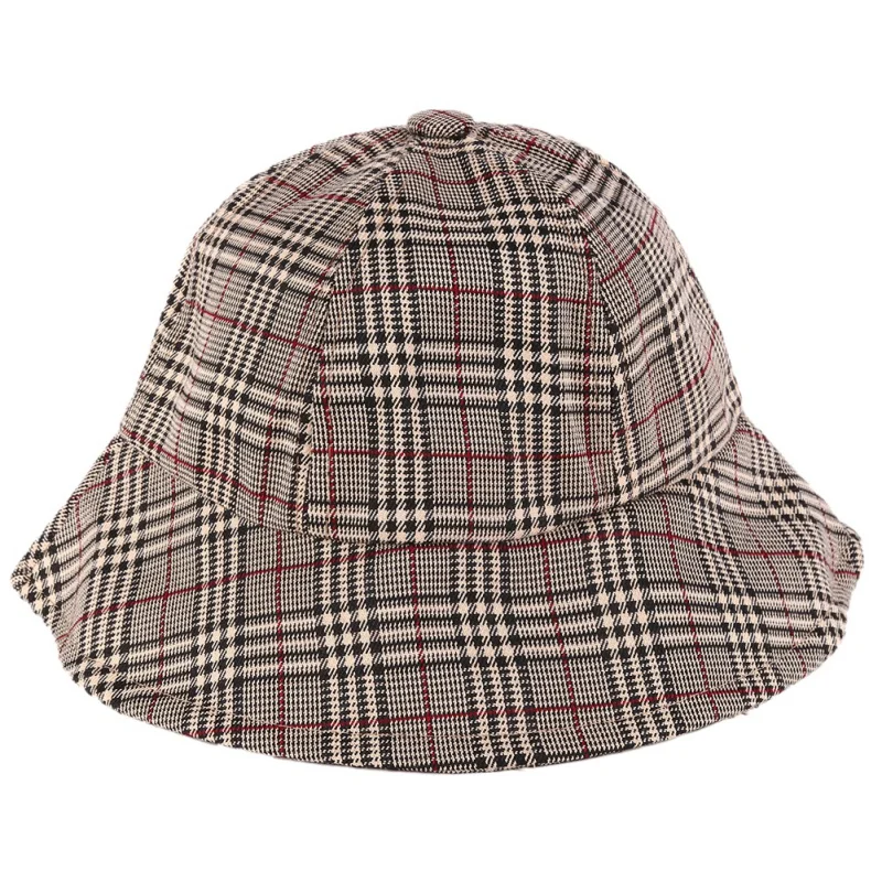 

Bucket Hat Lady Retro Style Plaid Folding Portable Cotton Wide Brim Flat Top Cap Shopping Camping Fishing Street Accessories