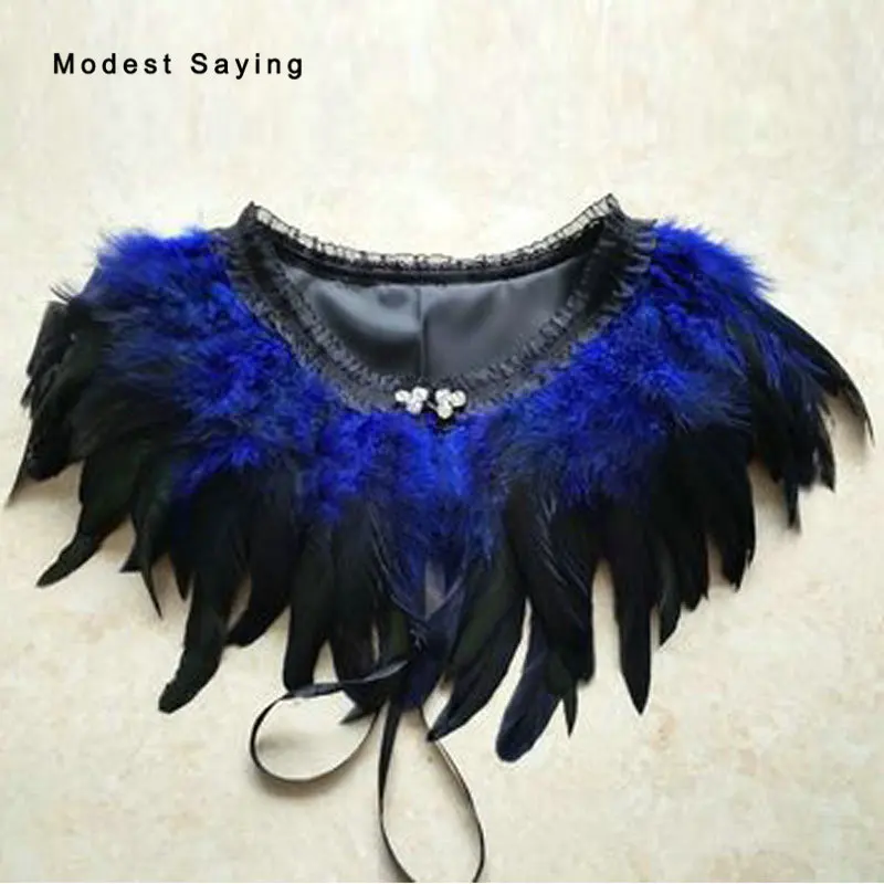 

Gothic Royal Blue and Black Fur Feather Coats Wedding Boleros 2018 Shrugs for Women Bridal Cape Shawls Wraps Wedding Accessories