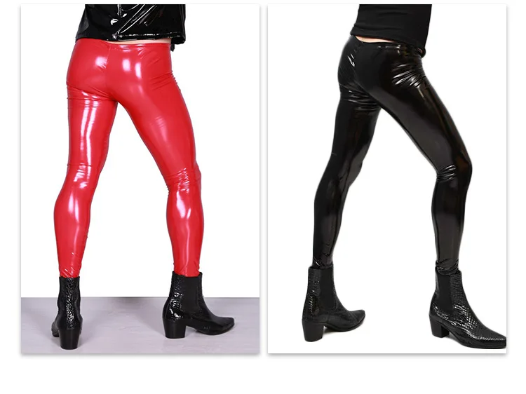 Man Low Waist Faux Leather PU Shiny Punk Pencil Pants Imitation Latex Elastic Tight Trouser Highlight Legging Ankle-Length Pants_009