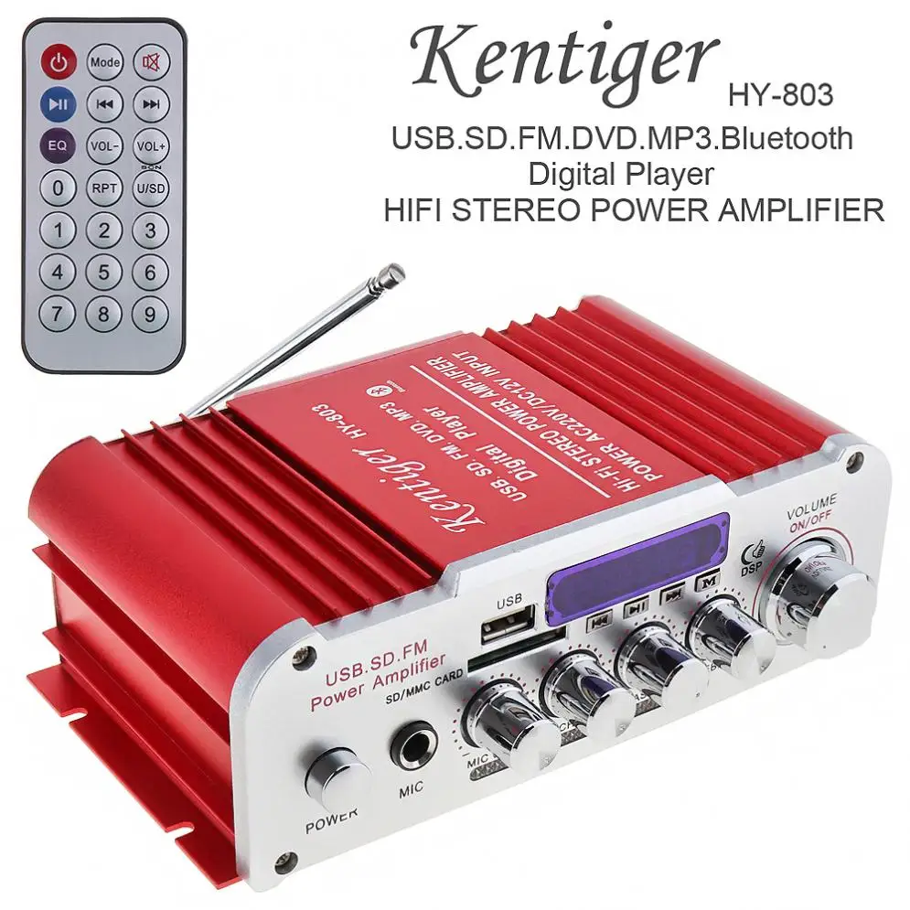 Kentiger DC12V/AC220V/AC110V 2CH Bluetooth Hi-Fi автомобильный аудио усилитель fm-радио плеер Поддержка SD USB DVD для автомобиля дома