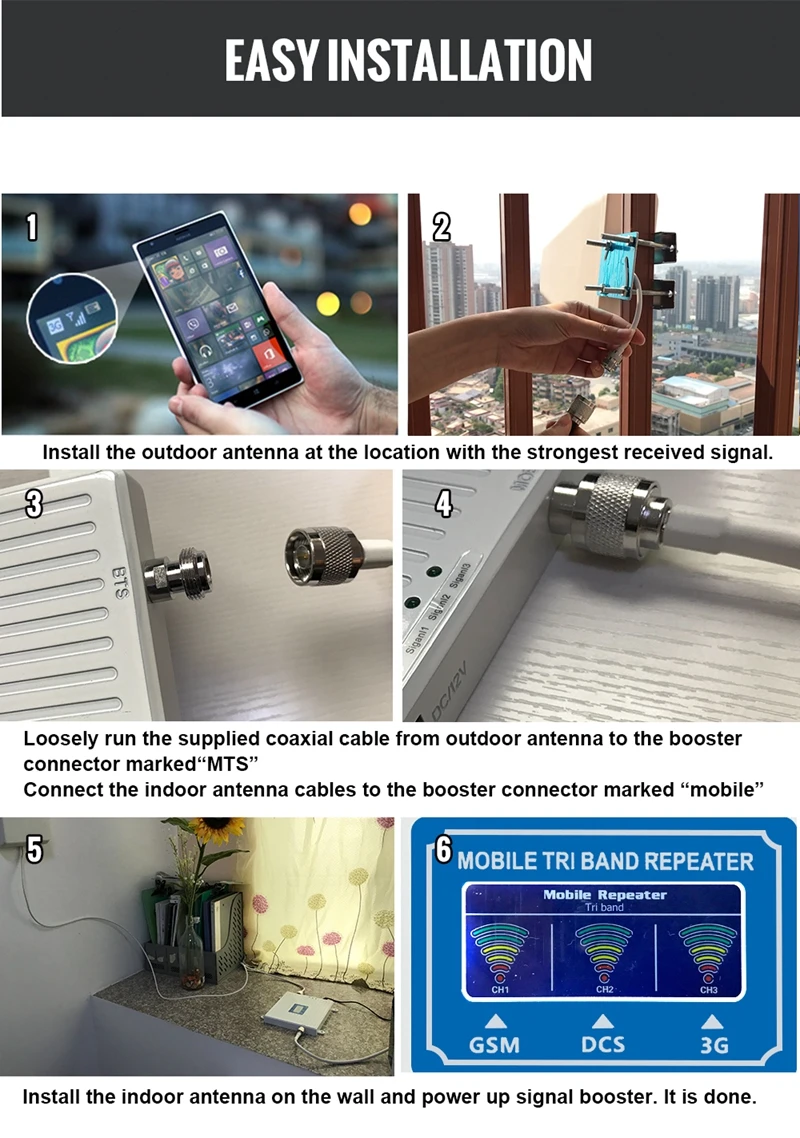 Mobile tri Band Amplifier 900 1800 2100 GSM repeater DCS WCDMA 2G 3G 4G LTE cellular Signal Booster (5)