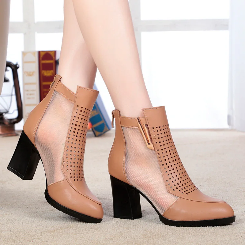 

Genuine Leather Ankle Chelsea Boots Round Toe High Square Heel Summer Lace Mesh Black Boots Women Shoes Size 34-41