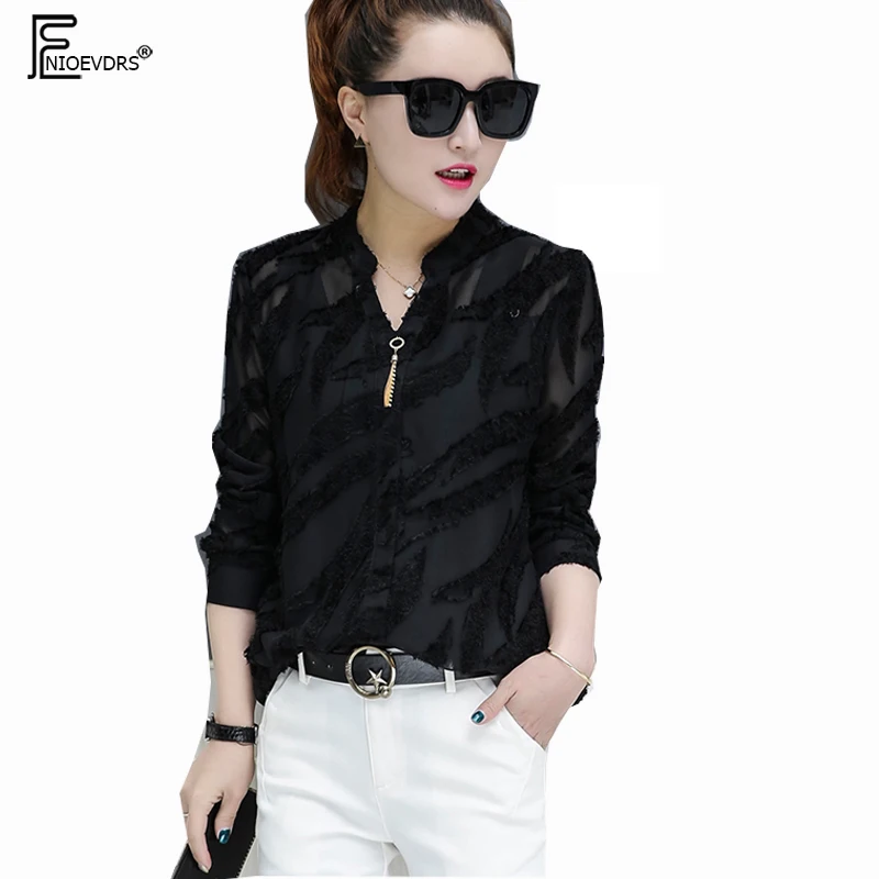 

2 Colors Chiffon Shirts Blouses Hot Sales 2018 Design Tops Long Sleeve Spring Summer Elegant Ladies Black Chiffon V Neck Blouse