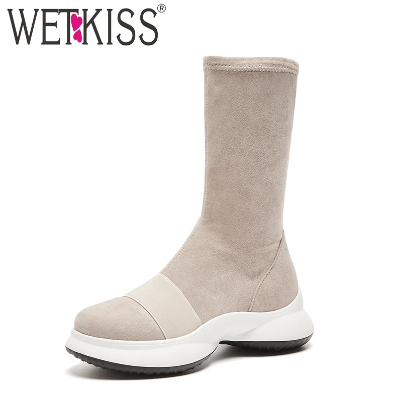

WETKISS Stretch Ankle Women Boots Round Toe Flock Footwear Fashion Casual Boot Long Shoes Woman Winter 2018 Autumn New Black