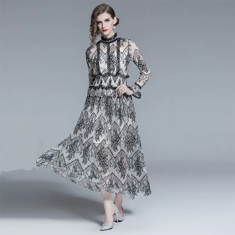 

2019 Summer Long Dress Fashion Temperament Stand Collar Casual Elegant Long-Sleeved Embroidered Lace Evening Party Sexy Dress