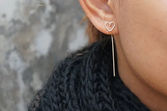 

PINJEAS Heart Ear Jackets Handmade Sterling Long Wire Earrings Climbers Jewelry Bridesmaids gifts for women birthday