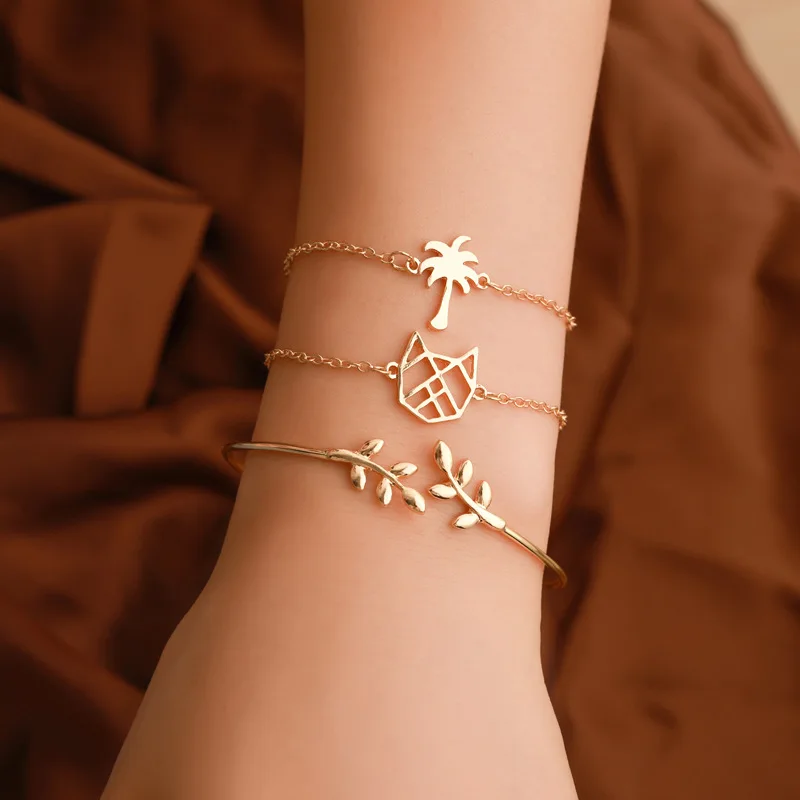 

3pc/set Fashion Ethnic Suit Gold Adjustable Bracelet Cutout Cat Leaves Ladies Bracelets Simple Hand Chain for Women Girl Jewelry