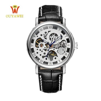 

Luxury Brand OYW Man Mechanical Self Wind Men Wristwatch relogio masculino Silver Skeleton dial Black Leather Strap Dress Watch