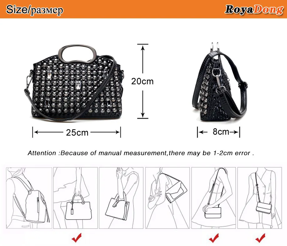 RoyaDong новые модные черные женские сумки с заклепками роскошная сумка на плечо с металлической ручкой женские сумки-мессенджеры дизайнерские сумки через плечо