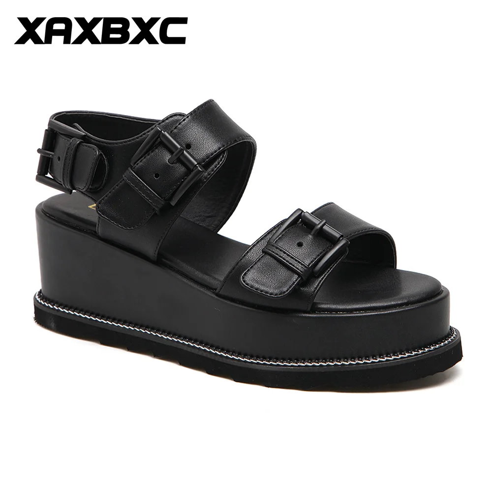 

XAXBXC 2018 New Summer Fashion Buckle Strap Black White Wedges Platform Women Sandals Peep Toe Slipper Woman Party Shoes