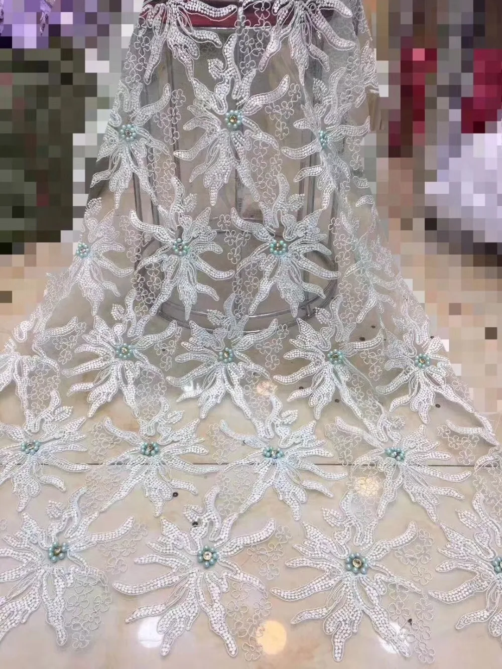 

Hot Sale french lace 5yards/lot cheap african sequins lace fabric white high quality african tulle lace fabric FJDYS