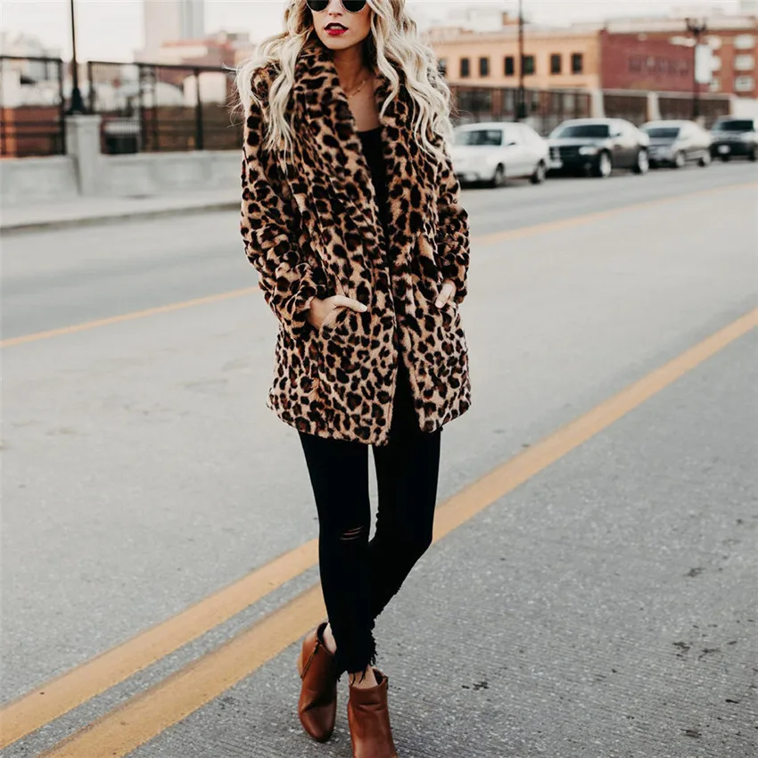 

Lanshifei New Fall Winter Adults Age American Soft Faux Fur Parka Imitation Leopard Print Jacket Women Winter Warm Faux Fur Coat