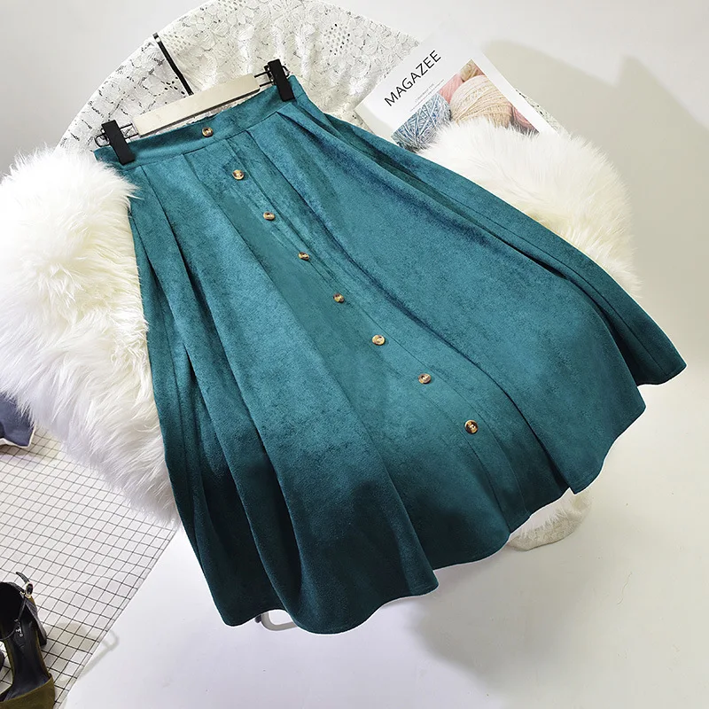 Günstige Sherhure 2019 Hohe Qualität Frauen Wildleder Rock Lange Plissee Röcke für frauen Saias Midi Faldas Vintage Hohe Taille Frauen Midi Rock