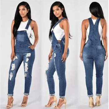 

HOT cute overall Jeans Women Basic Classic High Waist Skinny Pencil Blue Denim Pants embroidery ripped hole Stretch Jeans women