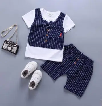 

2019 Summer Korean Children Clothing Set Plaid Waistcoat Short Sleeved T-shirt +Shorts 2Pcs Suits Boys Set for 1-4 Y QHX025