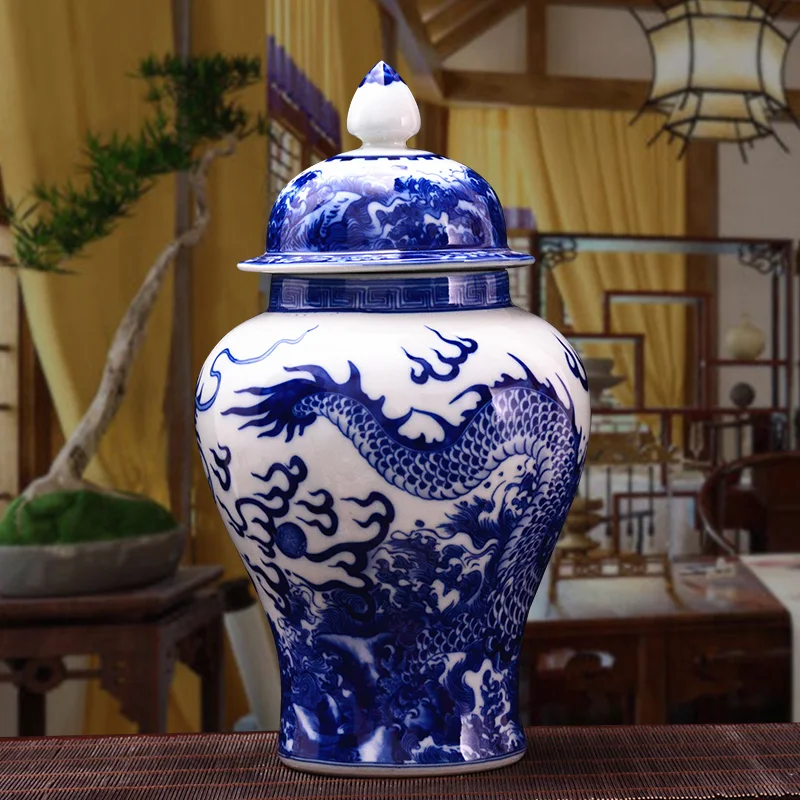 Античный китайский дракон Классическая Цин керамическая большая Имбирная банка синий и белый фарфор напольная ваза для драгоценного подарка