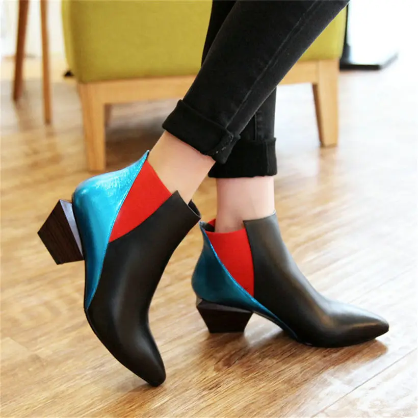 

NAYIDUYUN Shoes Women Genuine Leather Ankle Boots Slip On Point Toe Oxfords Mid Heel Punk Chic Western Riding Boots Cool Pumps