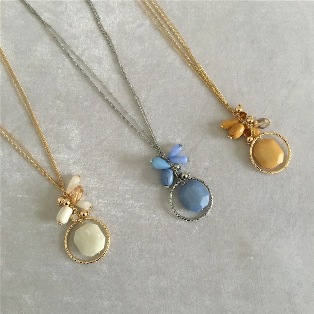

CLASSIC GOLD RHODIUM COLOR NATURAL STONE WITH BEAD WATER DROP PENDANT LONG NECKLACE FOR WOMEN GIRL