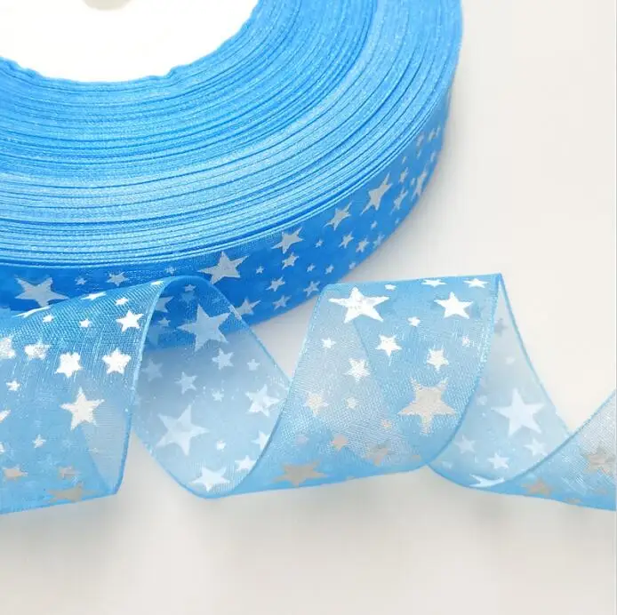 suoja 10Yards/lot 1"(25mm) Printed Star Organza Ribbon Hair Bow Wedding Christmas Decoration DIY Sewing - Цвет: BLU