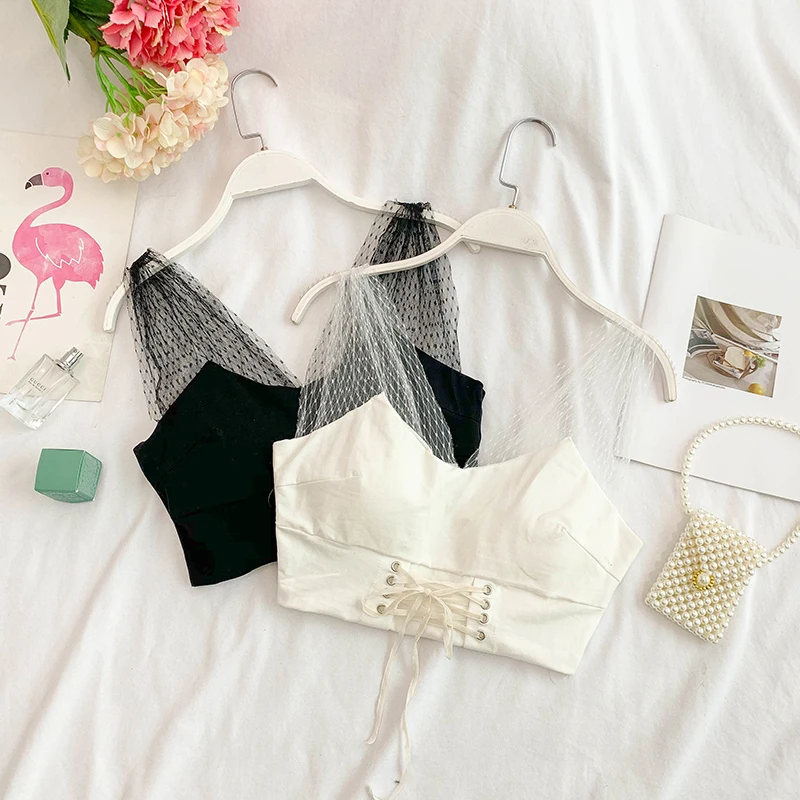 

Women Mesh Lace-up V Collar Chest Pad Chic Retro Short Crop Tops Sleeveless Sexy Harajuku Clothing G150