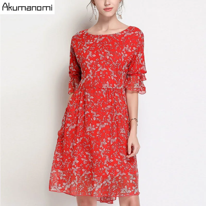  Summer Chiffon Dress Women Clothing Red O-neck Half Sleeve Pocket Flowers Print Dress Plus Size 5XL