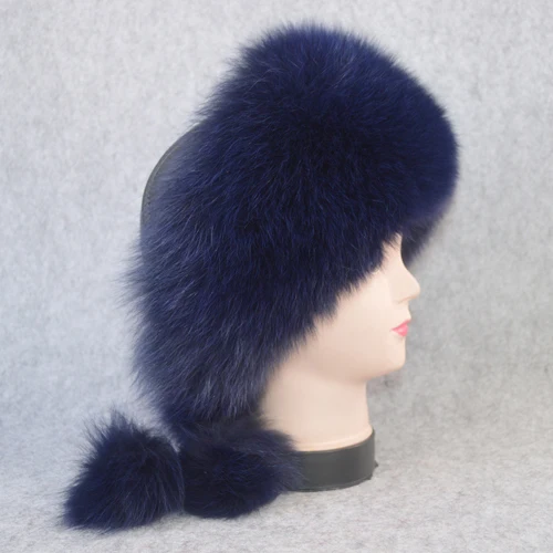 dark blue Для женщин зимние из натурального меха лисы шляпа теплый мягкий пушистый из натуральной шапка из меха лисы Роскошный хорошее качество натуральным лисьим мехом Куртка бомбер Шапки - Цвет: dark blue